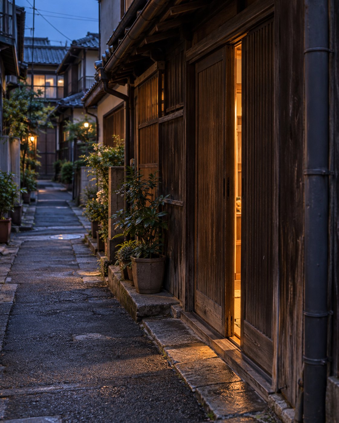 夕暮れの下町の路地、灯りのこぼれる引き戸