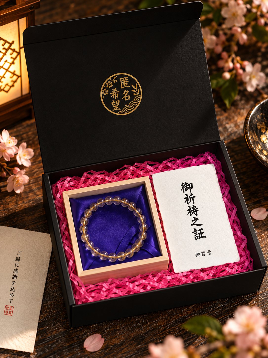 黒い化粧箱の中に、桐箱に納めたブレスレットと御祈祷之証が入っている